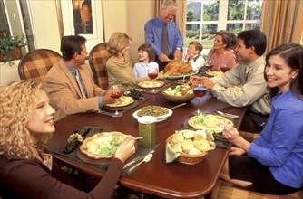 USA, People, Family eating a meal of roast turkey at the table