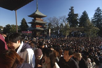JAPAN, Honshu, Chiba , New Years Holiday worshippers crowd the steps of Narita San Temple