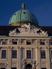 AUSTRIA, Vienna, Hofburg Royal Palace. St Michael Gate facade detail and green dome seen from In