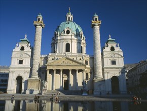 AUSTRIA, Vienna, Karlskirche aka Church of St Charles Borromaeus. View of the facade showing twin