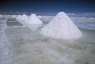 BOLIVIA, Altiplano, Potosi, Salar de Uyuni. Salt mounds ready for collection