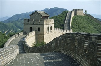 CHINA, Badaling, The Great Wall.  Few tourists on stretch of wall with gatehouse.