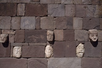 BOLIVIA, La Paz, Tiwanacu, Detail of wall of the Templo Semisubterraneo sunken temple with