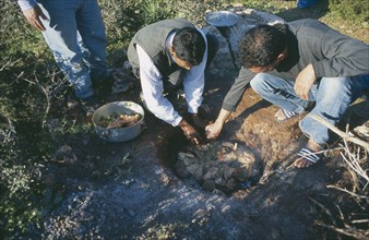 LIBYA, Cyranaica, Men cooking meat on hot stones in a hole in the ground.