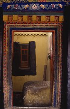 TIBET, Lhasa, Detail of doorway in the Jokhang monastery.