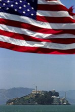USA, California, San Francisco, Alcatraz Island and Prison in San Francisco Bay with stars and