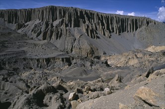 NEPAL, Mustang, Yara, Barren landscape with eroded cliffs creating organ pipe effect.