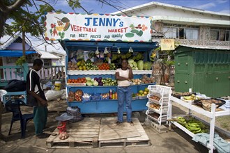WEST INDIES, St Vincent & The Grenadines, Union Island, Fruit and vegetable market stall with owner