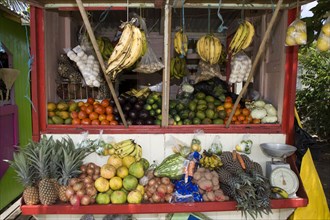 WEST INDIES, St Vincent & The Grenadines, Union Island, Fruit and vegetable market stall in Hugh