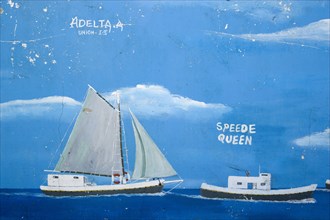 WEST INDIES, St Vincent & The Grenadines, Union Island, Wall painting in Clifton of water transport