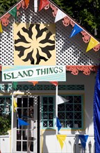 WEST INDIES, St Vincent & The Grenadines, Bequia, Colourful tourist shop on Belmont Walkway in Port