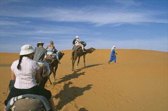 MOROCCO, Sahara, Merzouga, Guide leading tourist camel train through desert landscape.