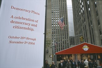 USA, New York, Manhattan, "Rockefeller Centre ‘Democracy Plaza’ during 2004 elections, billed as a