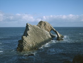 SCOTLAND, Moray, Scar Nose, Bowfiddle Rock.  Natural rock arch and seabirds on the north coast east