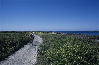 UNITED KINGDOM, Channel Islands, Guernsey, Vale. Cyclists riding on path next to Baie de Port Grat.