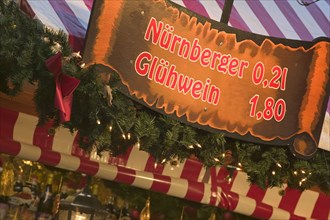 GERMANY, Bavaria, Nuremberg, Detail of a gluhwein stall at the Christmas Market.