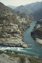 INDIA, Utter Pradesh, Devprayag, Point where the Bhagirathi River and the Alaknanda River join to