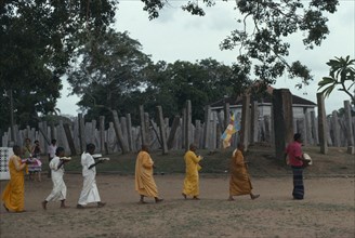 SRI LANKA, Anuradhapura, Buddhist monks and nuns carrying puja offerings past columns of the ruins
