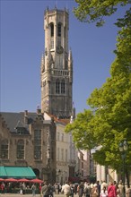 BELGIUM, West Flanders, Bruges, "View of the Belfort from the Burg, people walking in the street."