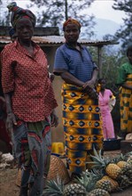BURUNDI, Market, Fruit, "Women in bright dresses at side of road, standing beside their pineapples