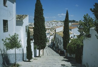 SPAIN, Andalucia, Antequera, Cobblestone alleyways. Steps leading down to parked cars and trees