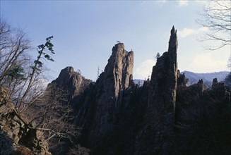 NORTH KOREA, Kangwon Province, Kumgangsan, Jagged mountain peaks which appear on the local