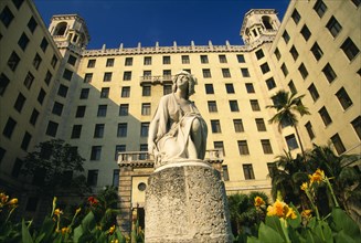 CUBA, Havana, Hotel Nacional de Cuba.  Exterior facade with statue and gardens.