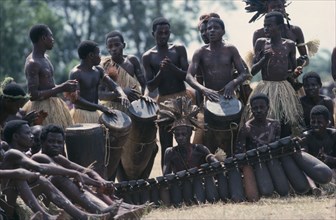 CONGO, Gungu, Bapende tribal musicians playing at Gungu Festival.