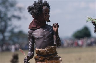 CONGO, Gungu, Bapende tribe masked dancer at Gungu Festival.