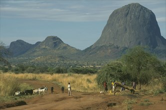 UGANDA, Karamoja, Rural bus stop on unmade road with large domed rock formation behind and cattle