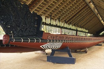 NEW ZEALAND, North Island, Maori war canoe made from Kauri tree.