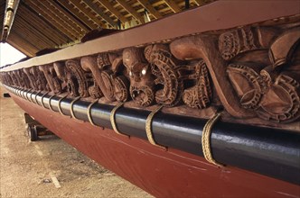 NEW ZEALAND, North Island, Waitangi, Detail of Maori war canoe.