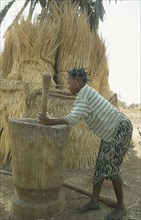 BURKINA  FASO, Bisaland, Sigue Voisin, Near Garango. Young girl pounding grain with straw roofs and