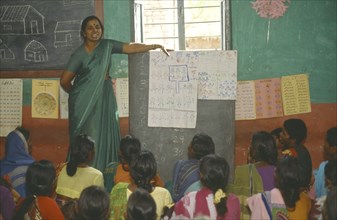 INDIA, Andhra Pradesh, Female teacher and pupils in women’s adult literacy class.
