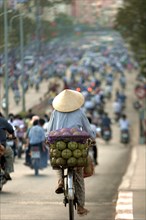 VIETNAM, South, Ho Chi Minh City, Man wearing a conical hat riding a bicycle with coconuts on the