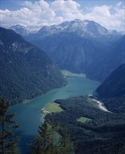 GERMANY, Berchtesgaden, Konigsee, "Areal view of lake from the North, Funtensee tauern mountain in