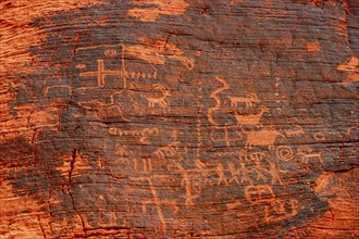 USA, Nevada, Valley of Fire, Close up of Petroglyphs carved onto a rock surface