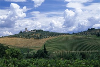 ITALY, Tuscany, General, Landscape with vineyards and dramatic cloudscape above towards San Lucia
