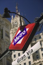 SPAIN, Madrid, "City centre metro sign, Gran Via. Underground train station."