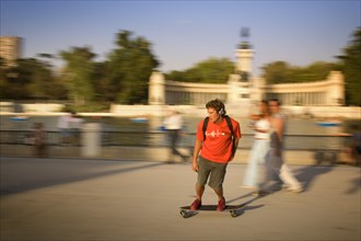 SPAIN, Madrid, "A Skate boarder in Retiro Park, motion, blur, movement"