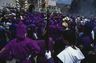 GUATEMALA, Antigua Guatemala, Easter Week procession with wooden float and figure of Christ