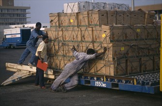GHANA, Accra, Loading crates of pineapples for export at Accra airport.