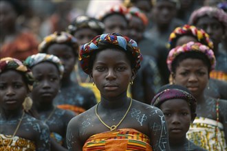 GHANA, Accra, Young girls in traditional dress and body paint at ancestor worship ceremony.