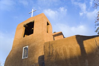 USA, New Mexico, Santa Fe, The adobe style San Miguel Mission church