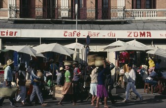 MADAGASCAR, Antananarivo, "Zoma Market.  Busy market scene with cafe bar, roadside stalls and