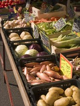 FRANCE, Deux Sevres Region, Poitiers, Fruit and vegetables on sale at a market stall in the town of