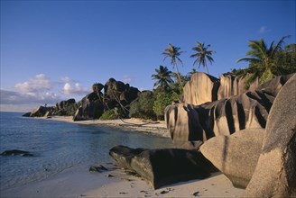 SEYCHELLES, La Digue , Anse Source D Argent, Rock formations along the coast with palm trees and
