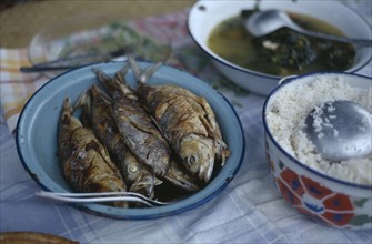 MADAGASCAR, Vohemar, Typical meal of  fish served with rice and a piquant sauce.
