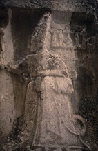 TURKEY, Corum, Hattusas, Ancient Hittite capital.  Detail of carved temple guardian at the Büyük