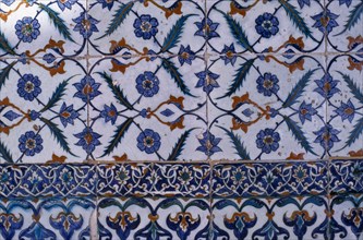 TURKEY, Istanbul, "Seragkio Point.  Topkapi Palace, detail of Iznik tiles with blue stylised floral